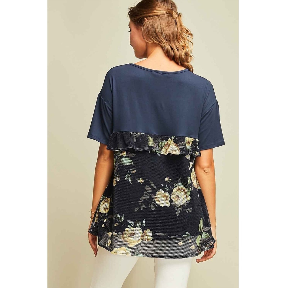 Navy Floral Mesh Ruffle Top - Picture 6 of 8